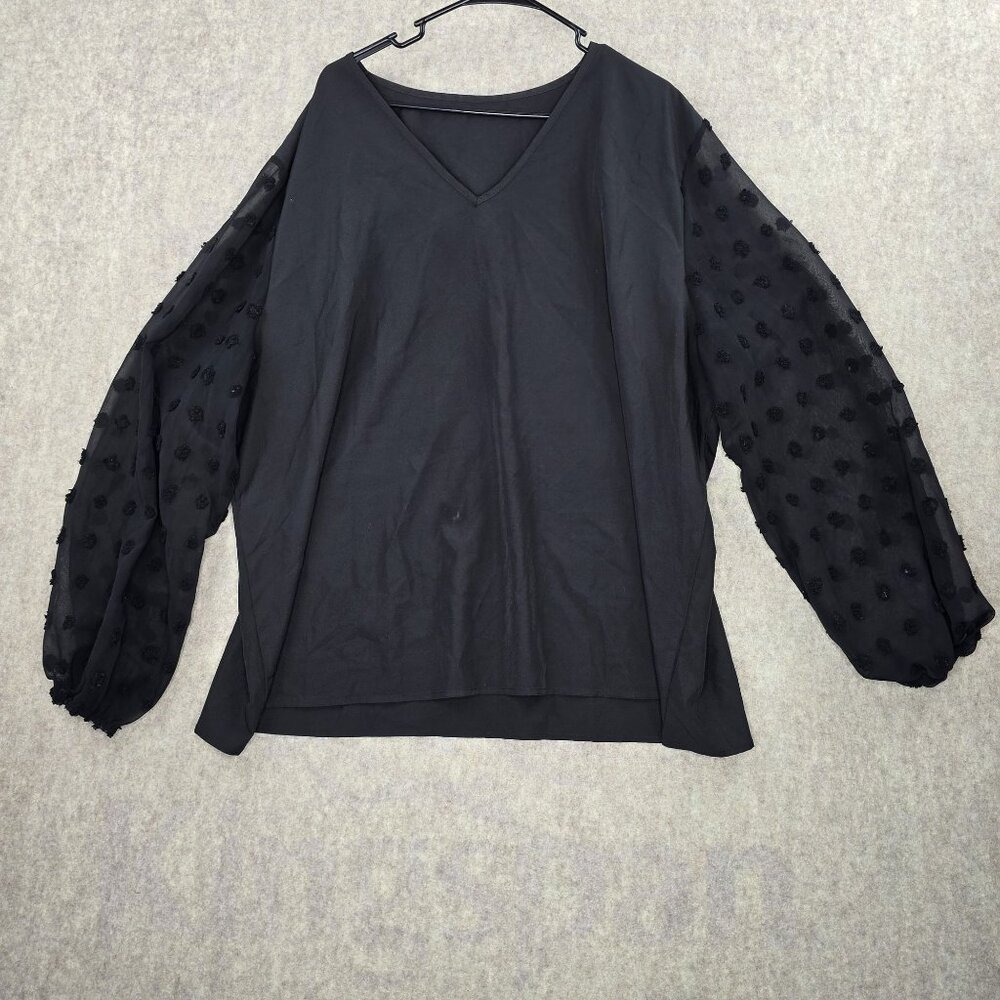 Black Sheer Sleeve Womens Blouse V-Neck 5XL 100% Polyester Relaxed Fit Casual